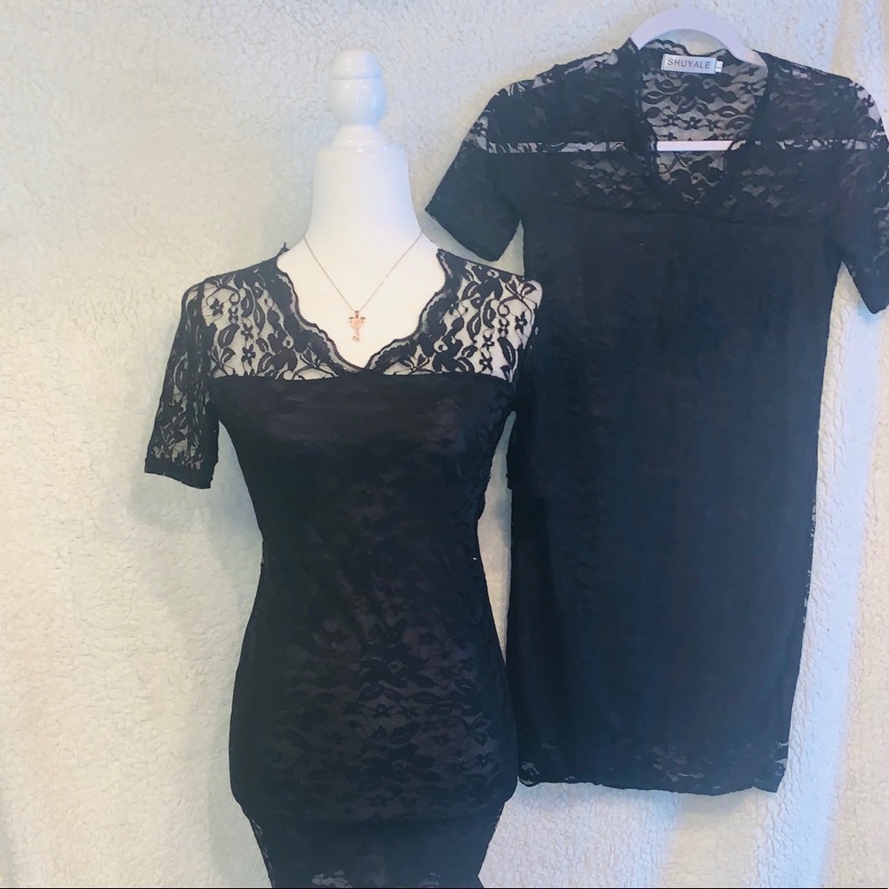 VNeck/SH sleeves Lace Mesh Scalloped Hem Bodycon